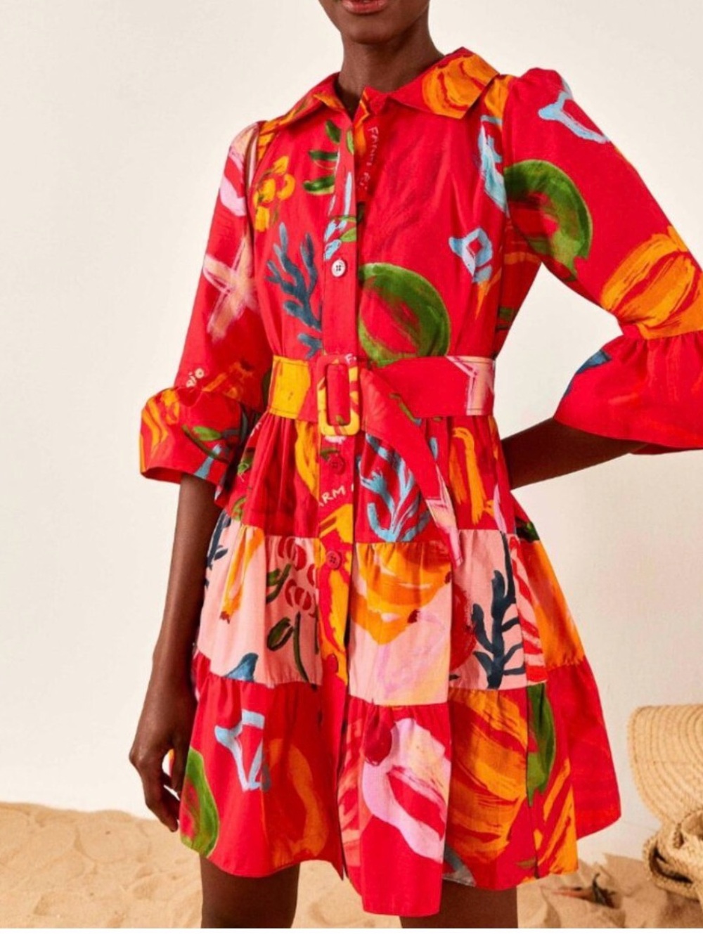 FARM Rio Red Mixed Fruits Ocean Mini Dress with Belt